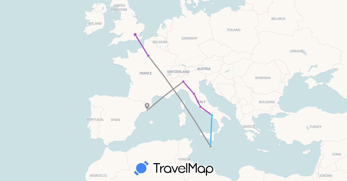 TravelMap itinerary: driving, plane, train, boat in Spain, France, United Kingdom, Italy, Malta (Europe)